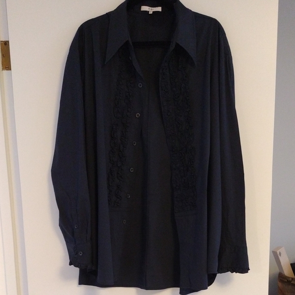 Tibi Easy Tuxedo Shirt Navy Blue Italian Cotton Nylon Poplin Ruffle Size XL - Picture 7 of 14